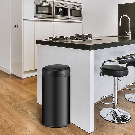 Juskys - Sensor-Mülleimer rund - 40 l & Ø 31 x 68 cm - Ausgestattet mit Automatik-Deckel und Klemmring - Für die hygienische Abfallentsorgung in der Küche - Schwarz pulverbeschichteter Stahl
