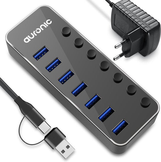 Auronic USB Hub 3.0 - USB Splitter mit 7 Ports - mit Netzteil - 5 GBPs - Led-Anzeige - Schwarz