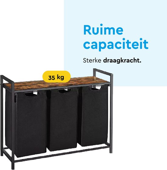 BRASQ Wäschekorb 3 Fächer - Wäschesortierer 114 Liter - Ausziehbar mit Regal 92,5x33x71 cm - Wäschebox Schwarz Metall - Braunes Holz - Korb