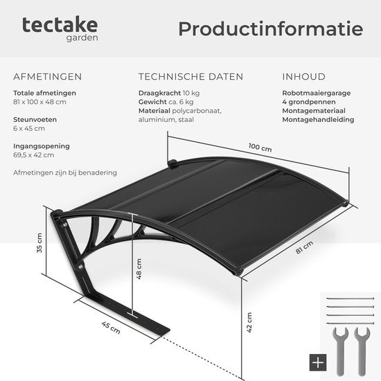 tectake® Garage für Rasenmähroboter - Rasenmäher-Carport - Überdachung der Ladestation für Rasenmäher - Wetterfest - 81 x 100 x 48 cm - Inklusive 4 Erdnägel - Schwarz