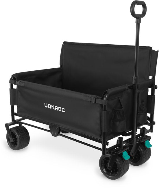 VONROC Wagon - Mit Sitzfunktion - Zusammenklappbar - 120 kg Tragkraft - 115l Fassungsvermögen - Solide, auslaufsichere Räder - Stabiler Stahlrahmen - Polyester 600D - Schwarz
