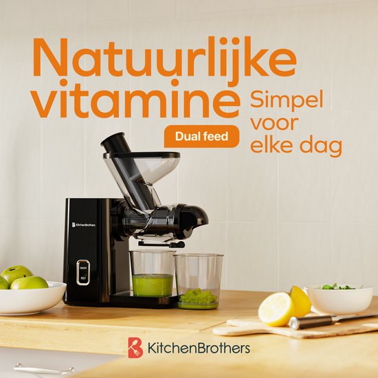 KitchenBrothers Slowjuicer - Mini-Entsafter - Gemüse- und Obstpresse - 40 mm und 50 mm Einfüllöffnung - 400 ml - Schwarz