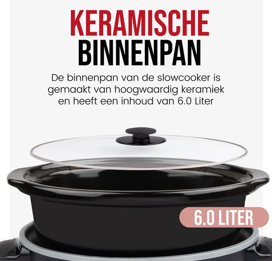 DistinQ - Digitaler Slowcooker 6 Liter mit Timer - Innenbehälter aus Keramik - Timerfunktion - schwarz