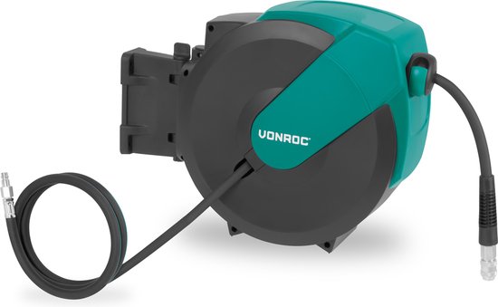 VONROC PRO Automatik-Luftschlauchaufroller - Luftaufroller - Inkl. 15 Meter Luftschlauch, 1 Meter Versorgungsschlauch und Wandbefestigungskit - 17 bar/250 PSI - Universal EURO/DIN 7,2mm Kupplung