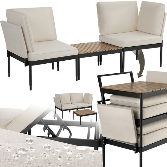 tectake® - Magaluf Lounge Set - 5-in-1-Gartenset mit Aluminiumgestell - 2 Gartensessel und 1 Couchtisch - Aufstellbar als Liege, Eckbank oder 2-sitzige Gartenbank - Inklusive Kissen - Balkonset 2 Personen