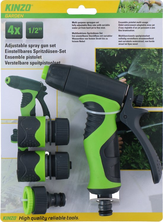Kinzo 4-tlg. Spritzpistolen-Set - inkl. 3 Anschlüsse für Gartenschlauch - 8 Spritzstufen - Soft-Grip-Griff - Grün/Grau