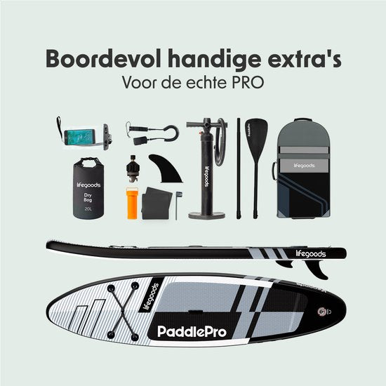 LifeGoods PaddlePro SUP Board Pro - Pro Set - Aufblasbares Paddle Board - Max. 150KG - 320x81cm - Schwarz/Weiß
