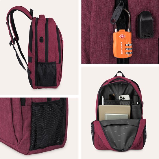 TRVLMORE Rucksack - Rucksack mit 17.3 Zoll Laptopfach - Schultasche - Spritzwassergeschützt - Männer und Frauen - Jungen und Mädchen - 36L - Burgunderrot