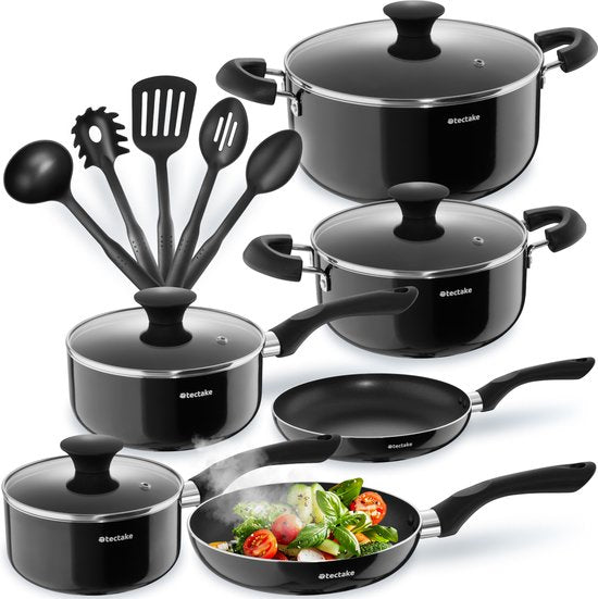 tectake Pfannenset 15-teilig - Aluminium mit Glasdeckeln - Inklusive Utensilien - Schwarz