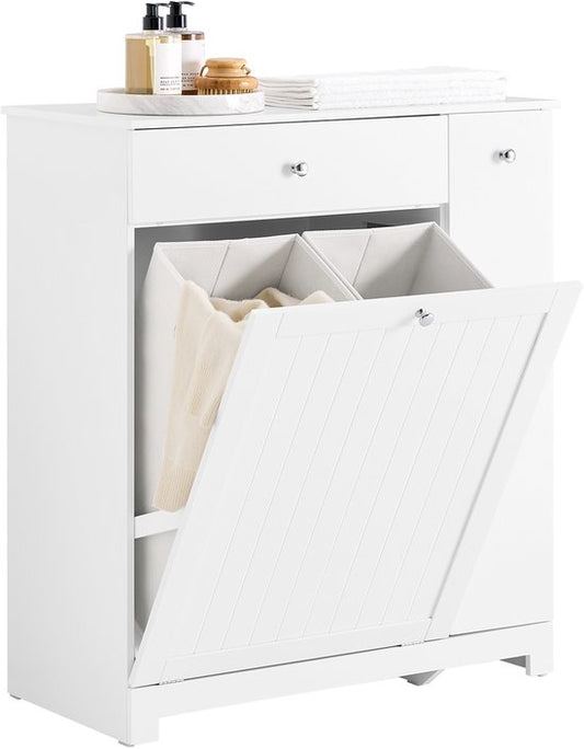 SoBuy Badezimmermöbel - Mit Wäschekorb, Schublade und Schiebetablett - 78 x 38 x 90,3 cm - Wasserdicht & funktional - Landhausstil - Weiß