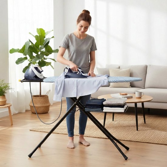 STAUS&BACH Bügelbrett X – für Dampfgenerator – 122 x 43,5 cm - Inklusive Ärmelbrett und Klappgestell - Höhenverstellbar von 76 bis 96 cm - Mit Halterung für Dampfbügeleisen - Blau - Ironiq Pro