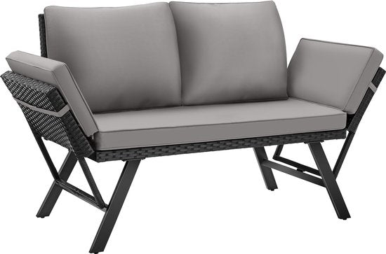 tectake® 2-in-1 Geflecht-Gartenbank Sintra - Verstellbare Handläufe - Gartenset - Liege - Balkon-Lounge-Bank - Inkl. Kissen - Outdoor-Lounge-Sofa - UV- und witterungsbeständige Sonnenliege - Hellgrau/Schwarz