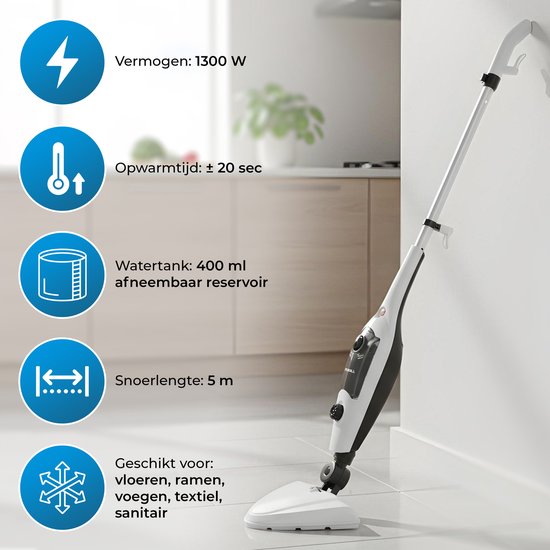Powell Dampfreiniger - Handdampfreiniger - 2 in 1 - Teppichreiniger - Dampfreiniger Boden - Inklusive 10 Aufsätze - 240 V - 1300 W - Schwarz/Weiß