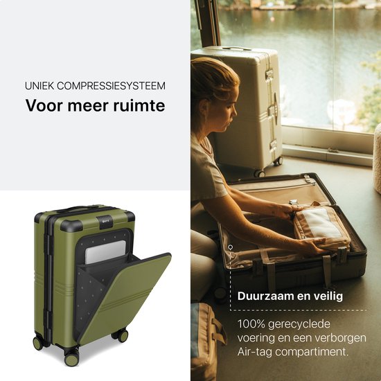 ONYX Hybrid Pro Handgepäck Koffer mit Fronttasche 38 Liter - Recyceltes Polycarbonat und reißverschlussloses Design - Reisekoffer mit TSA-Schloss und Spinner-Rädern - Leichter Trolley mit Laptop-Fach - Olivgrün