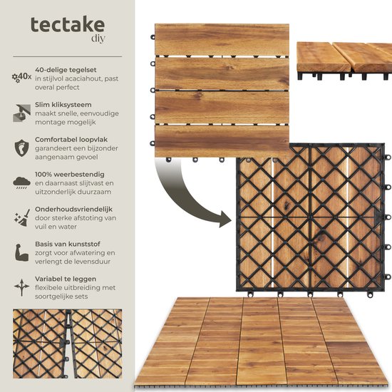 tectake® - Gartenfliesen aus Holz - Wetterfest - Bodenbelag für Balkon - Bodenfliesen - Balkonboden - Terrassenfliesen mit Klicksystem - Drainage - 40er Set