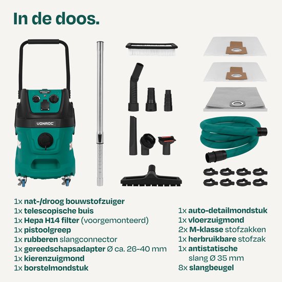 VONROC Nass-/Trockensauger - Klasse M - 1600W - 22kPa - Automatische Filterreinigung (Klopffunktion) - HEPA H14 - 40L Tank - Antistatikschlauch Ø35 mm