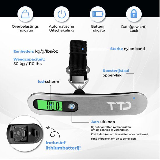TTD® Gepäckwaage mit beleuchtetem Display - Wägekapazität 50 kg - Gepäckwaage - Hängewaage - Digitale Gepäckwaage - Gepäckwaage - Reisen mit dem Flugzeug - kg/g/lbs/oz - Batterien enthalten - Schwarz