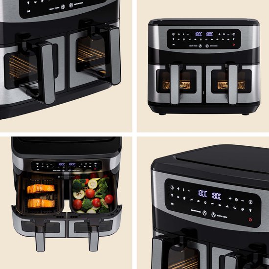 KitchenBrothers Double Airfryer - 2400W - Dual Zone - 9L - Heißluftfritteuse - Airfryer XXL - 2 x 4.5L - 10 Kochprogramme - Edelstahl/Schwarz