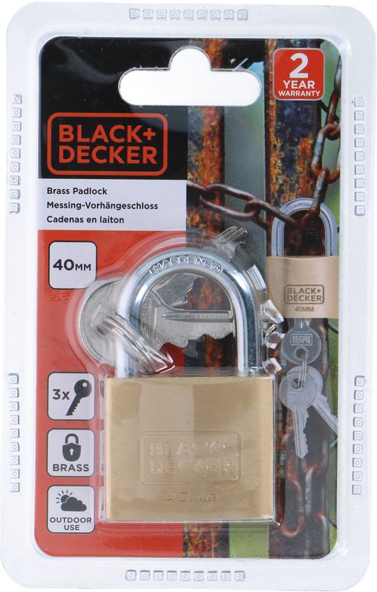 BLACK+DECKER Vorhängeschloss mit Schlüssel - 40mm - Inkl. 3 Schlüssel - Massivmessingschloss