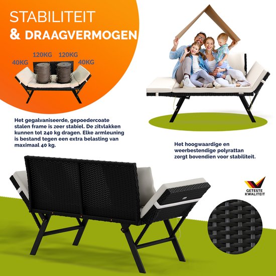 Casaria Polyrattan Gartenbank - 176 cm Verstellbar Inkl. Kissen - Schwarz