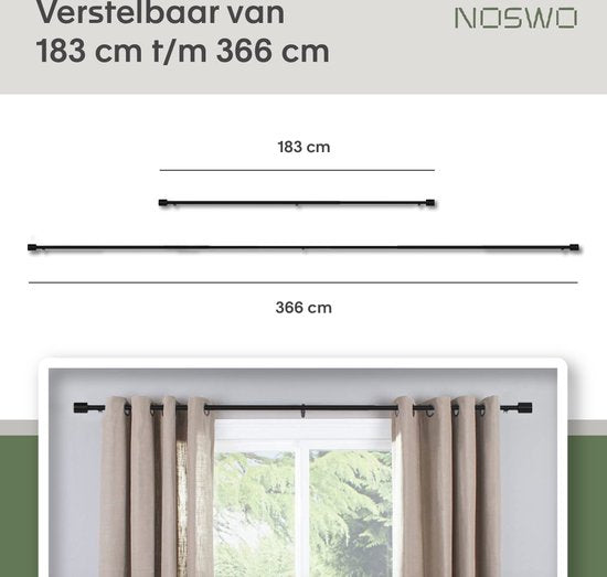 Noswo Vorhangstange - Ausziehbar - 183 bis 366 cm - Vorhangstange - Vorhangschienen komplett - Metall - 300cm - Schwarz
