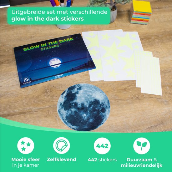Nuvance - Glow in the Dark Sterne und Mond - 442 Stück - Wandaufkleber Kinderzimmer