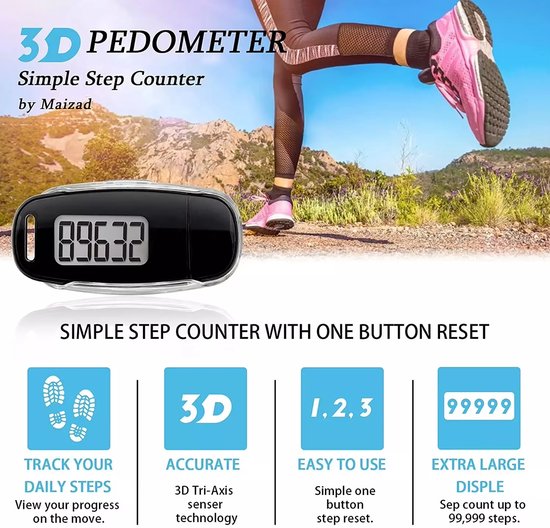 Garpex® Schrittzähler mit Clip und Trageschnur - USB-Ladung - Activity Tracker - Schrittzähler - Großes Display - Tasche - Schwarz