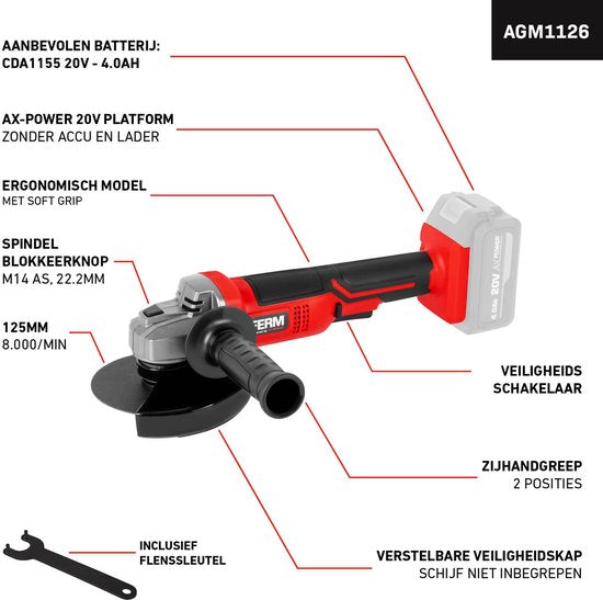 FERM - AX-POWER - AGM1126 - Akku - Winkelschleifer - 125 mm - 20Volt - 8000t/min - Softgrip - Seitlicher Griff an zwei Stellen - Verstellbare Schutzkappe - Sicherheitsschalter - Ohne Akku und ohne Ladegerät - Geeignet für AX und FX Akku-Plattform