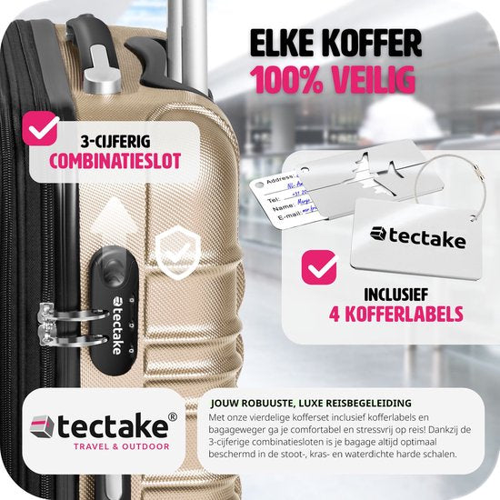 tectake - 4-teiliges Hartschalenkofferset - Reisekofferset mit Rollen - ABS - Teleskopgriff und Schloss - Inklusive Gepäckwaage - Trolleygrößen S-M-L-XL - Champagner