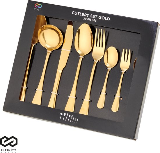 Infinity Goods Besteckset - Gold - 39-teilig - 6-Personen-Besteck - Mehrgängig - Messer/Löffel/Gabel - Edelstahl - Gold