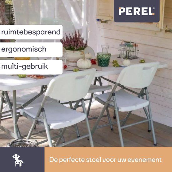 Perel Weißer Klappstuhl für den Innen- und Außenbereich, Kunststoff, platzsparend, ideal für Events, Partys und Catering, mit Stahlgestell und wetterfester Sitzfläche