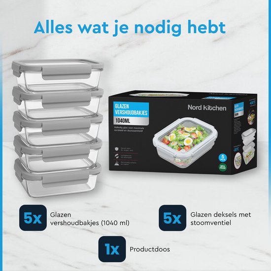 Nord Kitchen Einmachschalen Set - mit Glas-Dampfdeckel - Meal Prep Schalen - Gefrierschalen Vollglas - luftdicht - 5 Stück - 1040 ML