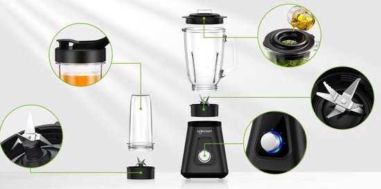 Safecourt Küchenmixer - Leistungsstarker - 1200-Watt-Mixer - Mit To-Go-Becher - 3 Ständer - Schwarz