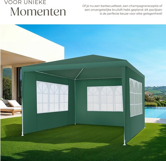 tectake® Pavillon - mit verstärktem Rahmen - Partyzelt 3x3 m - wasserdichte Plane - abnehmbare Seitenwände - wetterfester Gartenpavillon - inklusive Spannleinen und Heringe - grün - Pop-up-Faltzelt