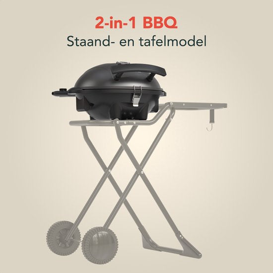 KitchenBrothers - Elektrogrill mit Rädern - Klappbar - Antihaftbeschichtung - Beistelltisch - Bis zu 250°C - 2400W - Schwarz