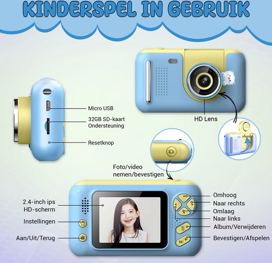 K&L Digitale Kinderkamera Kinder - Kinder Vlog Kamera - Kinderkameras Digital - Kameras Kinder - Kinderkamera - Blau