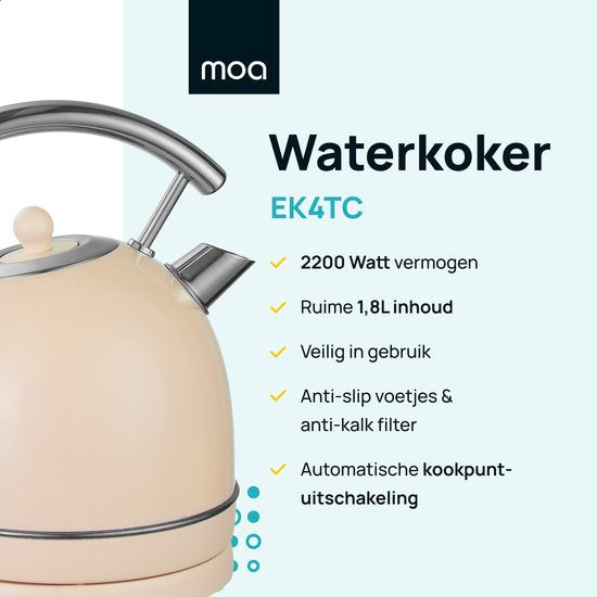 MOA Wasserkocher Retro - 1,8 Liter - Elektrischer Wasserkocher - Anti-Kalk-Filter - BPA-frei - Edelstahl - 2200W - Creme