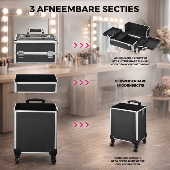 Travli Make Up Trolley - Schminkkoffer - Friseurkoffer - Beautycase - Kosmetikkoffer - 106* 40* 31,5 cm - Schwarz