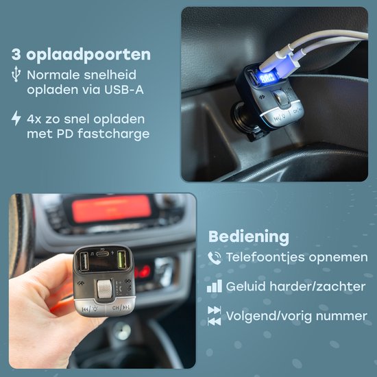 Audyn Bluetooth FM Transmitter - USB-A & USB-C - Bluetooth-Empfänger - Schnellladegerät - Autoladegerät - Carkit - Autozubehör - RGB