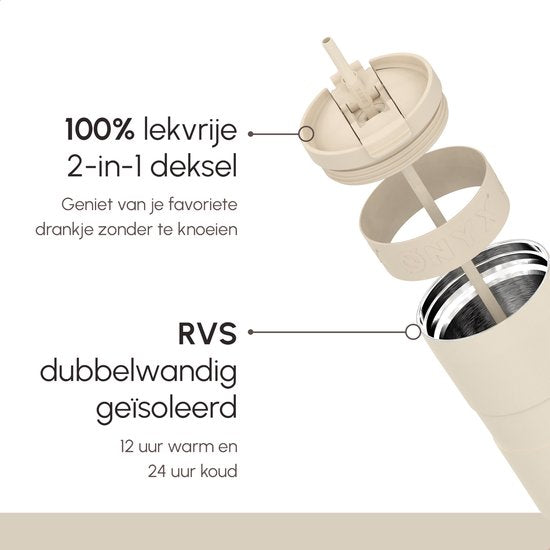 ONYX Trinkflasche mit Strohhalm 1,2 Liter - Wasserflasche für Kinder & Erwachsene - Thermosbecher Reisebecher - Motivationstrinker - Trinkbecher für die Schule - Beige