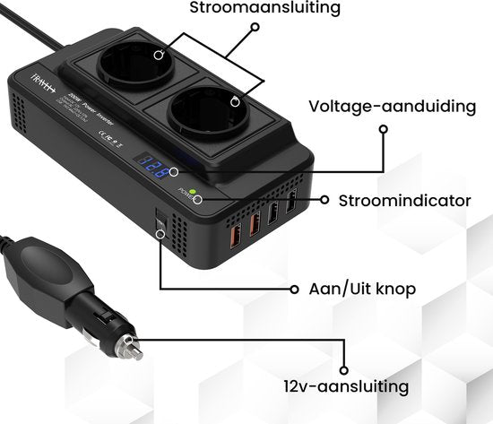 Travli Inverter 12v 230v - Autoladegerät - Tragbarer Wechselrichter - 2x 230V Steckdose - 4x 5V usb Ladeanschlüsse