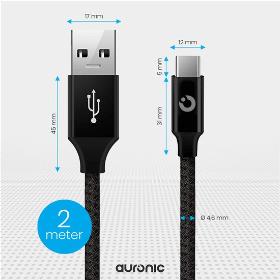 Auronic USB-C Kabel - 2M - 2.4A - USB C zu USB-A - Geflochtenes Nylon - Schwarz