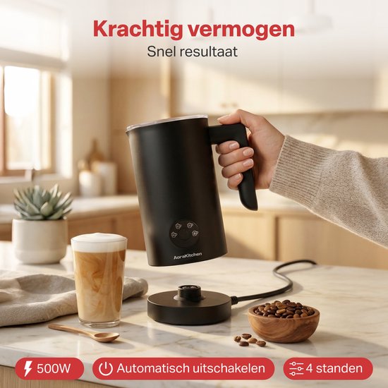 AoraKitchen Milchaufschäumer – 300 ml – Milchaufschäumer – Edelstahl – elektrisch – 4-in-1 – Antihaftbeschichtung – 500 W