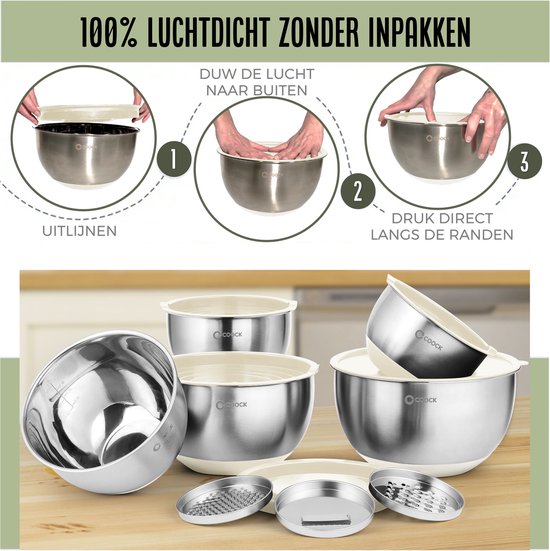 COOCK Edelstahl Rührschüsselset mit Deckel - Bratschüsseln mit Deckel - Vorratsschüssel mit Reibe - Schüssel für Salate & Mischungen - 22-teiliges Set 1,5 bis 5 Liter - Beige - inkl. Messlöffel