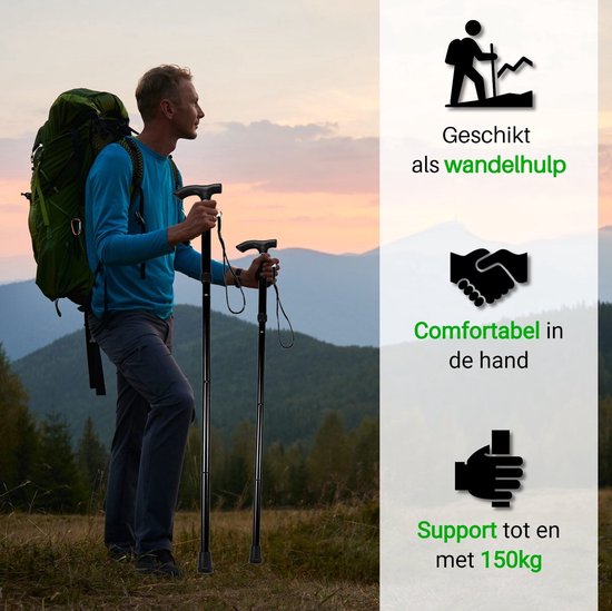 Travelhawk Gehstock - Verstellbar und faltbar - Schwarz - Inkl. Aufbewahrungstasche - Gehstock Elderly