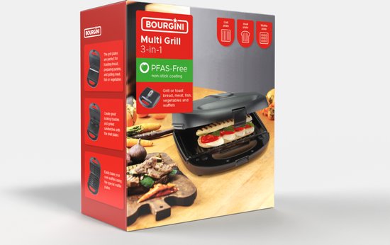 Bourgini MultiGrill 3-in-1 - Toaster, Grill und Waffeleisen - PFAS-frei - austauschbare Platten - 750W