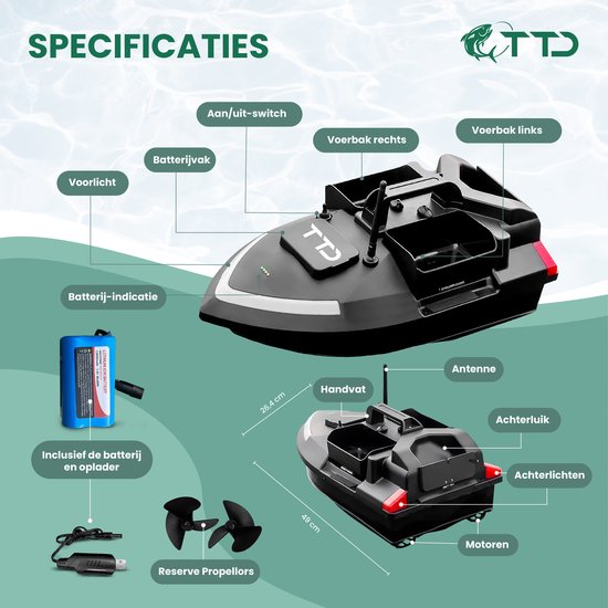 TTD® Premium GPS Futterboot zum Karpfenangeln - 500 Meter Reichweite - Tempomat - Hakenfreigabe - 40 GPS-Positionen - Drei Futterbehälter - 2 kg Kapazität - 12000 mAh Akku - Angelboot - Karpfenboot - Angelboot