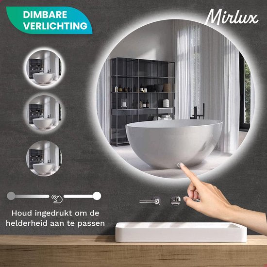 Mirlux Badezimmerspiegel mit LED-Beleuchtung & Heizung - Wandspiegel rund - Anti-Kondensations-Duschspiegel - 60CM