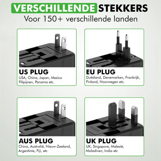 Travelhawk World Plug mit 2x USB-C und 2x USB Port - Reisestecker - USB Stecker - Internationaler Reisestecker für 150+ Länder - Amerika (USA) - England (UK) - Australien - Asien - Südamerika - Afrika - Weltstecker - Schwarz