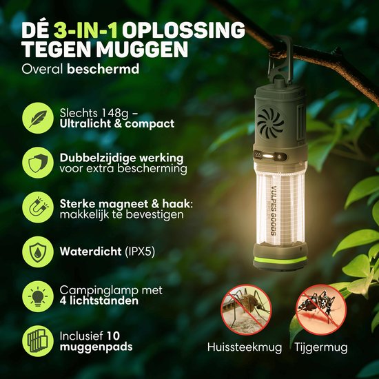 Vulpes Goods® Repeller - 3-in-1 Mückenvertreiber - Wiederaufladbare Mückenlampe, Powerbank & Licht - Für Reisen, Camping, Wandern - Innen & Außen - 400LM - Magnetisch - Inkl. 10 extra Duftpads